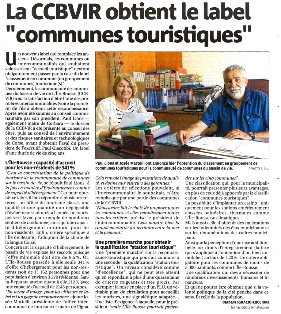 La Communauté de Communes du Bassin de Vie de L'Ile-Rousse obtien son classement de communes touristiques